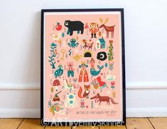 a pink poster with animals, plants and other things in the shape of letters on it