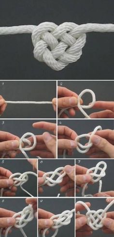 instructions to make a knotted knot with white yarn and scissors on the end of it