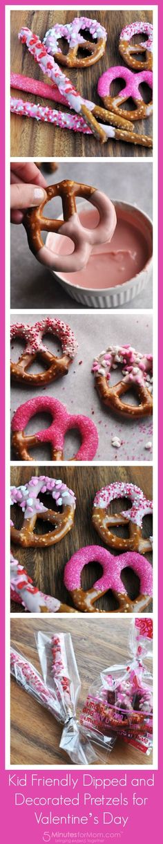 donuts with pink icing and sprinkles are arranged on a table