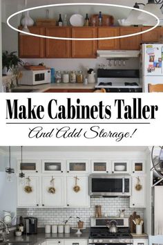 an old kitchen with white cabinets and black counter tops is featured in the article make cabinets taller and add storage