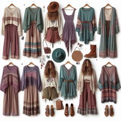 Boho capsule wardrobe full of lilac purple and green AI generated Purple Boho Outfit, Aesthetic Boho Outfits, Hippie Capsule Wardrobe, Witchy Boho Fashion, Bohemian Capsule Wardrobe, Capsule Wardrobe Boho, Boho Capsule Wardrobe, Hippie Chic Outfits, Casual Boho Outfits