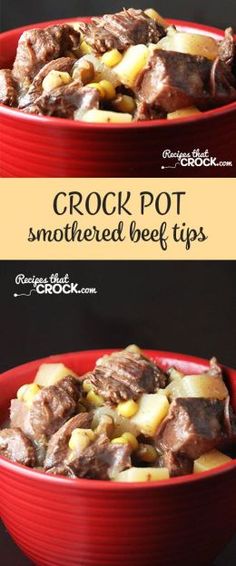 crock pot smothered beef tips in a red bowl with text overlay