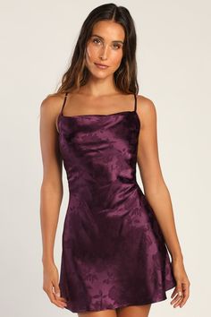 Close to Your Heart Plum Purple Satin Jacquard Cowl Slip Dress Plum Shift Dress, Dusty Pink Hoco Dress, Purple Cocktail Dress Short, Plum Dress Short, Jewel Tone Cocktail Dress, Plum Hoco Dresses, Plum Homecoming Dress, Plum Mini Dress, Dark Purple Hoco Dresses Short