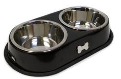 two stainless steel dog bowls on a black plastic base with white bone and paw prints