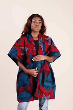 From days at the office to casual hangouts, this African print Kimono Jacket will fit right in with your laid-back style. This kimono features an open-front design that makes a flattering, comfortable fit, and it's easy to pair with both casual and dressy outfits for versatile styling options. You'll love it — keep it simple with a cami layered underneath and pair with cropped denim and sneakers, or amp it up with a dress and heels. Description African print kimono jacket Loose fit, perfect as a Casual Kimono Jackets, African Dresses For Women Coats & Jackets, Plus Size Ankara Jacket, Long Kimono Outfit, Ankara Kimono Jacket, Ankara Blazer, African Kimono, Kimono Styles, African Print Kimono