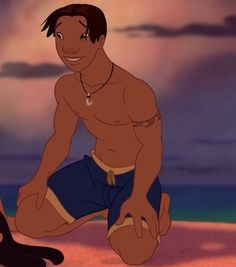 an animated man kneeling down on the beach