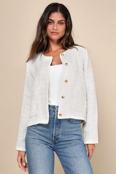 You'll impress from the moment you walk in the door wearing the Lulus Posh Pursuits Ivory Tweed Collarless Jacket! Midweight woven tweed shapes long sleeves and a collarless crew neckline. Functional button placket at front boasts shiny gold-toned buttons with raised detailing, and functional twin patch pockets provide storage for all your chic-est essentials. Fit: This garment fits true to size. Length: Size medium measures 21" from shoulder to hem. Bust: Great for any cup size. Waist: Loosely Beige Long Sleeve Tweed Jacket With Button Closure, Beige Tweed Jacket With Button Closure, Casual Single Breasted Tweed Jacket For Spring, Beige Casual Long Sleeve Tweed Jacket, Spring Beige Tweed Outerwear, Casual Beige Long Sleeve Tweed Jacket, Beige Button-up Tweed Jacket For Fall, Cream Long Sleeve Tweed Jacket, Casual Cream Tweed Jacket For Winter