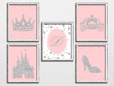 four pink and silver princess wall art prints