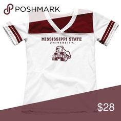 Mississippi State University Girls Youth Tee Shirt Mississippi State University Girls Youth Tee Shirt  Official Licensed Product Brand: Blue 84 Color: White/Maroon  V Neck 50% Cotton, 50% Polyester Made in USA  New w/ Tags Clayson Shirts & Tops Tees - Short Sleeve White School Spirit Top For Spring, Red School Spirit Tops For School, White Collegiate Tops For School, White T-shirt For School In Spring, White T-shirt For Spring, Sporty Red Tops For School, White Cotton Tops For School Spirit, White School Spirit Tops For College, University Girl