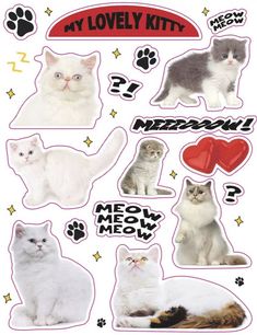 a sticker sheet with cats and hearts on it's side, including the words meow meow meow