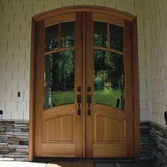 a dog is standing in front of a large wooden door with glass panes on it