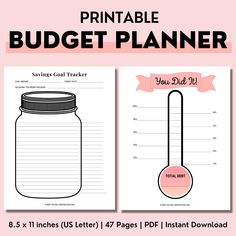 the printable budget planner is shown in two different sizes and has a jar with a spoon