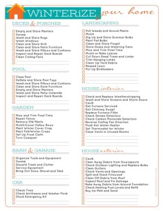 the winterize your home checklist is shown in blue, orange and green colors