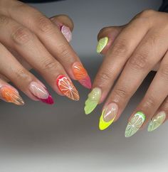 Gel X Short, Fruit Nails, Beach Nail Designs, Food Nails, Summer Nail Designs, Hippie Nails