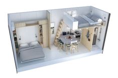 an overhead view of a small bedroom and kitchen