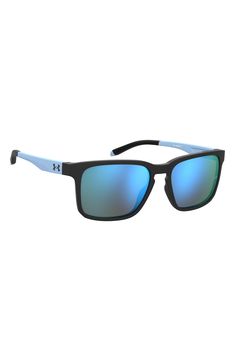 These sleek and sporty sunglasses with signature logos at the temples give you comfortably stylish coverage no matter where the day takes you. 57mm lens width; 17mm bridge width; 140mm temple length   100% UV protection   Recycled plastic   Imported Sporty Blue Polarized Shield Sunglasses, Sporty Blue Sunglasses For Outdoor Activities, Blue Sporty Sunglasses With Uva Protection, Sporty Matte Black Sunglasses With Tinted Lenses, Sporty Blue Sunglasses With Uva Protection, Sporty Blue Sunglasses With Mirrored Lenses, Sporty Wayfarer Sunglasses For Sports, Blue Anti-reflective Sunglasses For Sports, Rectangular Polarized Sports Sunglasses