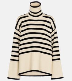 Striped Turtleneck Wool Blend Sweater in Beige - Toteme | Mytheresa Fashion Jackson, Winter Pullover, Estilo Chic, Striped Turtleneck, Oversized Pullover, Beige Sweater, Wool Blend Sweater, Outfit Casual, Cotton Sweater