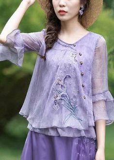 Experience the luxury of summer in our Boutique Purple Ruffled Embroidered Chiffon Blouse Tops, delicately crafted with intricate details and exclusive design. Elevate your style with this exquisite piece and make a statement in the world of... Chiffon Tops Blouses, Embroidered Chiffon, Half Sleeve Tops, Blouse Tops