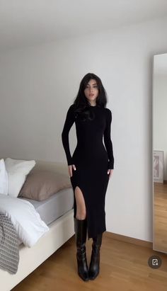 Black Dress Long Boots, Black Midi Dress And Boots, Sultry Fall Outfits, Dark Feminine Classy Outfits, Feminine Outfits Aesthetic Winter, Fall Knit Dress, Femme Fatale Fall Outfit, Long Boots Outfit Aesthetic, Feminine Style 2023