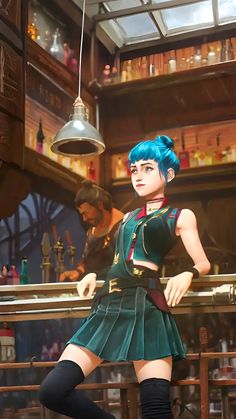 a woman with blue hair standing in front of a bar