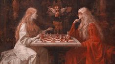 two women sitting at a table playing chess with one woman in red and the other white