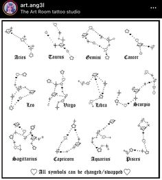 the zodiac signs and their names are shown in black ink on a white paper with an image