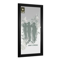 an army poster hanging on the wall with two soldiers silhouetted against it and text that reads, army strong