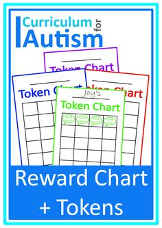 four reward cards with the words, reward chart and token