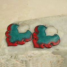 Torch Fired Enamel Jewelry, Enameling Jewelry, Earrings Bold, Cloisonne Jewelry, Red And Teal, Enamels, Enamel Earrings, Ceramic Jewelry, Wooden Earrings