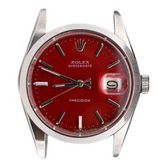 Stainless Steel 34MM Rolex Oysterdate Precision 6694 Automatic- Red Dial (Vintage 1969). Watch face only. Contact us for a watch bracelet or strap.  Item Type: Watch Model: Rolex Oysterdate Precision Year: 1969 (Vintage) Dial: Red (aftermarket dial) Case Size: 34mm Metal: Stainless Steel Movement: Automatic Features: Date Bubble, Screw-Down Crown Reference Number: 6694 Serial Number: XXXX156  This Rolex Oysterdate Precision is a vintage classic from 1969, featuring a striking red dial. 34mm stainless steel with screw down crown and glass crystal. Automatic movement with 336 caliber movement marking. Keeps perfect time. Luxury Red Watches With Date Indicator, Luxury Red Watch With Date Indicator, Red Watch With Date Indicator And Round Dial, Classic Red Watch Accessories With Date Indicator, Classic Red Watch Bands For Formal Occasion, Vintage Watches With Date Indicator, Classic Red Watches With Date Display, Timeless Red Watch Accessories With Round Dial, Classic Red Round Watch