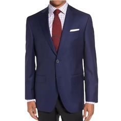 This Solid Sport Coat Is The Perfect Finishing Touch To Your Dressy Ensemble. Fit: This Style Fits True To Size. Navy Fabric - Classic Fit - Notch Lapel - Front Two Button Closure - Long Sleeves - 1 Front Chest Welt Pocket - 2 Side Flap Pockets - Interior Pockets - Back Vent - Approx. 32" Length (Size 40r) - Imported Care Dry Clean Nwt Fitted Blue Silk Blazer, Blue Silk Blazer With Notch Lapel, Blue Silk Suits For Workwear, Blue Silk Suits For Work, Tailored Blue Silk Suit, Blue Silk Suits For Formal Occasions, Blue Silk Suits For Wedding, Blue Silk Wedding Suits, Navy Fabric