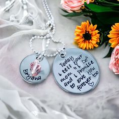 This is such a sweet piece for special child! 1" round disc says, "Today I tell your mom "I do" and I promise to love you forever too."  yes, Mom can be a different name: Dad, mommy, etc. Includes smaller 5/8" disc with a name and a channel set crystal in your choice of color. Please use the drop down menu labeled "Chain Options" to select between the keychain, standard ball chain or the upgraded box chain. --------------------------------------------------- Please use the links below for additi Valentine's Day Charm Necklace Gift For Mom, Necklace For Best Friend Gift On Mother's Day, Round Necklace For Best Friend Valentine's Day Gift, Mother's Day Wedding Round Charm Necklaces, Round Necklaces For Best Friend Gift On Mother's Day, Wedding Charm Necklace With Round Pendant For Mother's Day, Round Charm Necklaces For Wedding And Mother's Day, Round Charm Necklace For Wedding On Valentine's Day, Round Charm Necklaces For Wedding And Valentine's Day