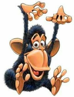 a cartoon monkey hanging upside down with his hands in the air and eyes wide open