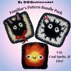 three crocheted coasters with faces on them and the words familiar's pattern bundle pack