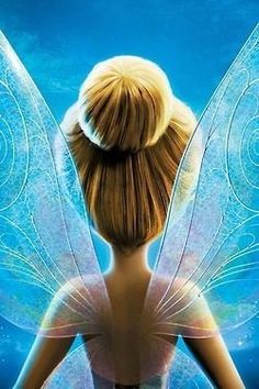 the tinkerbell fairy from disney's animated movie is shown in front of a blue