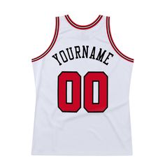 Custom White Red-Black Authentic Throwback Basketball Jersey Varsity Basketball Jersey In Team Colors, Collegiate Basketball Jersey With Letter Print, Collegiate Basketball Jersey With Team Name, Collegiate Basketball Jersey, Varsity Basketball Jersey, Collegiate Sleeveless Jersey With Letter Print, White Sleeveless College Jersey, Varsity Basketball Jersey For Sports Season, Collegiate Sleeveless Jersey For College