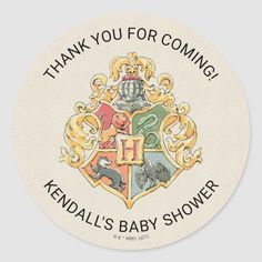 a round sticker with the words, thank you for coming kendal's baby shower