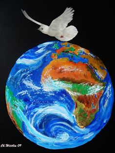 a painting of the earth with a white dove flying over it on a black background