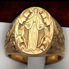 Male Lady Orthodox Virgin Mary Religious Ring LUZGRAPHICJEWELRY Mens Ring Designs, Crown Pattern, Pattern Stamping, Boho Men, Ring Man, Gold Color Ring, Biker Rings, Golden Ring, Vintage Punk