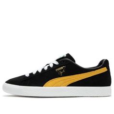 Puma Clyde OG 'Black Yellow' 391962-05 Black Puma Sneakers For Sports, Sporty Black Puma Sneakers, Modern Black Sneakers With Puma Logo, Modern Black Puma Sneakers, Black Sneakers For Light Sports With Gum Sole, Black Sneakers With Gum Sole For Light Sports, Black Puma Sneakers Synthetic Material, Black Synthetic Sneakers With Puma Logo, Black Synthetic Puma Sneakers