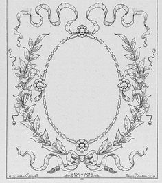 a drawing of a circular frame with flowers and leaves