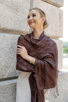 Leaf Silk Scarf Dark Brown Elegant Shawl Scarves For Fall, Elegant Fall Shawl Scarf, Formal Silk Scarf For Fall, Elegant Shawl For Formal Fall Events, Silk Shawl Scarves For Evening, Silk Shawl Scarf, Silk Shawl For Evening, Elegant Fall Scarves, Chic Brown Silk Scarf