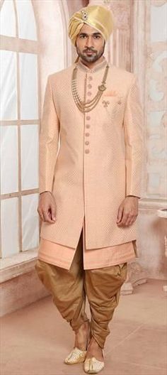 Pink and Majenta color Sherwani in Silk fabric with Broches, Embroidered, Thread, Zari work Luxury Long Sleeve Pink Sherwani, Luxury Pink Sherwani For Transitional Season, Luxury Pink Sherwani For Diwali, Luxury Pink Sherwani With Zari Work, Zari Work, Thread Work, Sherwani, Silk Fabric, Thread