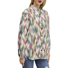 Retro Pastel Long Sleeve Blouse + Chiffon, Fabric has slight stretch. 95% Polyester and 5% Spandex+ Long Sleeve, Elegant hem, Mock neck, Button up, Fashion design for women+ Suitable for many occasions like Spring, Summer and Fall Daily Wear, Home, Work, Casual, Vacation, Party + Model is 5'8.9"/175cm(B:34.65"/88cm, W:25.2"/64cm, H:37.4"/95cm) and wearing a size Small; + Designed to have a regular fit+ Care instructions: Do not bleach; Machine wash: cold (max 30℃ or 85F); Do not iron; Tumble dry Multicolor Collared Top With Buttons, Multicolor Collar Top With Buttons, Casual Office Blouse With Stretch, Stretch Collared Blouse With Buttons, Casual Stretch Blouse For Office, Multicolor Buttoned Shirt For Work, Multicolor Collared Blouse For Work, Multicolor Button-up Shirt For Work, Multicolor Collared Blouse For Workwear