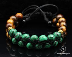 "Men's Bracelet Natural Malachite & Tiger Eye Beaded Protection Men's Bracelet Women's Bracelet Crystal Bracelet Father's Day Gift -ALL THE PRODUCTS AT ELISAJEWELRYART ARE HANDMADE AND MADE WITH NATURAL BEADS. -WHAT DOES THE MALACHITE STAND FOR Malachite is a stone of balance, abundance, manifestation and intention. Malachite absorbs energy and draws emotions to the surface. It clears and activates all Chakras, and is especially helpful in the stimulation of the Heart and Throat Chakras. Malachi Luxury Elegant Malachite Bracelets, Adjustable Malachite Beaded Bracelets With Natural Stones, Adjustable Malachite Spiritual Bracelet, Handmade Malachite Spiritual Beaded Bracelets, Handmade Malachite Beaded Bracelets For Spiritual Use, Adjustable Spiritual Malachite Bracelets, Adjustable Spiritual Malachite Bracelet, Adjustable Malachite Bracelets, Handmade Malachite Bracelets With Round Beads