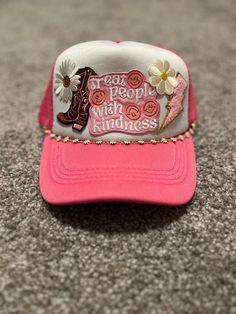 Treat people with kindness pink and white trucker hat Treat People With Kindness Pink, Trucker Hat Ideas, White Trucker Hat, Plant City, Choose Kindness, Flower Chain