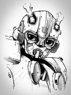 a black and white drawing of a robot with glasses on it's head, sitting in