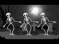 three skeletons dancing in front of a cross