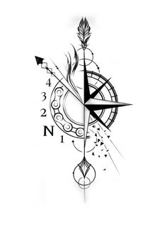 a black and white drawing of a clock with arrows