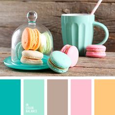 a teal color palette with macaroons, cookies and a cup of coffee